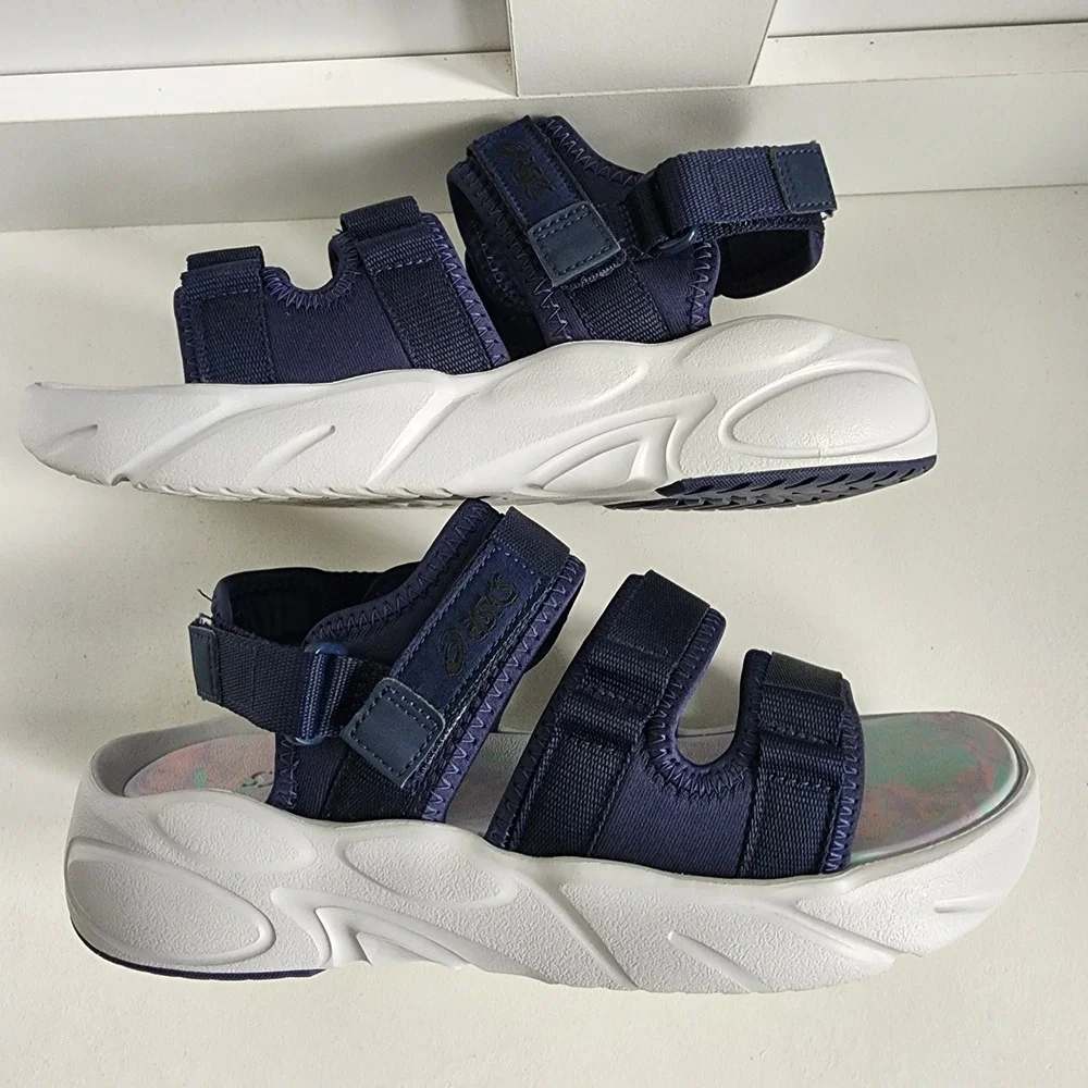 *Asics Bondal Mens 9/ Womens 10.5 ‎ Navy Blue White Chunky Strappy Sport Sandals
